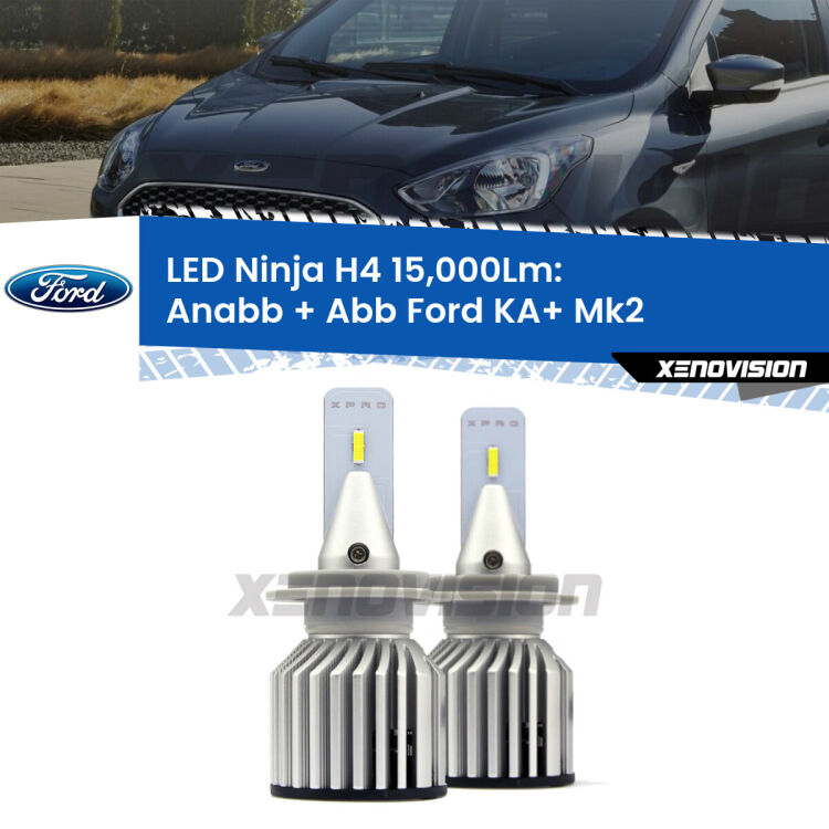 <strong>Kit anabbaglianti + abbaglianti LED per Ford KA+</strong> Mk2 2008 - 2013. Lampade <strong>H4</strong> Canbus da 15.000Lumen di luminosità modello Ninja Xenovision.