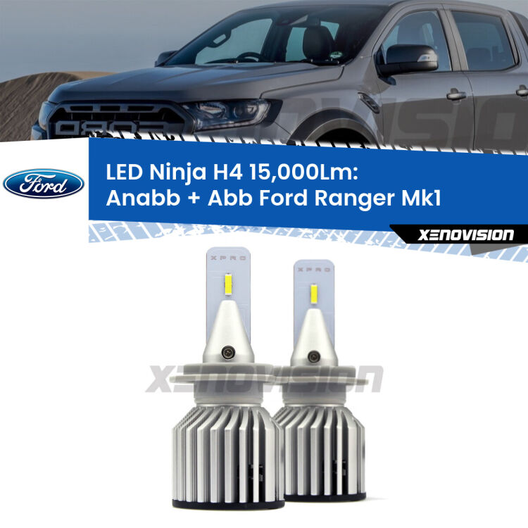 <strong>Kit anabbaglianti + abbaglianti LED per Ford Ranger</strong> Mk1 2005 - 2006. Lampade <strong>H4</strong> Canbus da 15.000Lumen di luminosità modello Ninja Xenovision.