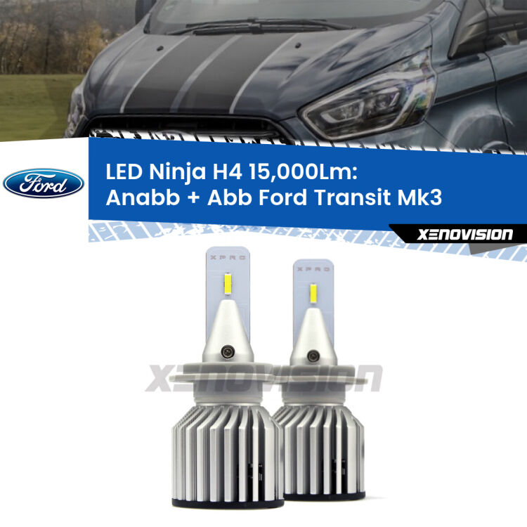 <strong>Kit anabbaglianti + abbaglianti LED per Ford Transit</strong> Mk3 2000 - 2013. Lampade <strong>H4</strong> Canbus da 15.000Lumen di luminosità modello Ninja Xenovision.