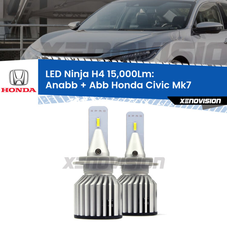 <strong>Kit anabbaglianti + abbaglianti LED per Honda Civic</strong> Mk7 2001 - 2003. Lampade <strong>H4</strong> Canbus da 15.000Lumen di luminosità modello Ninja Xenovision.