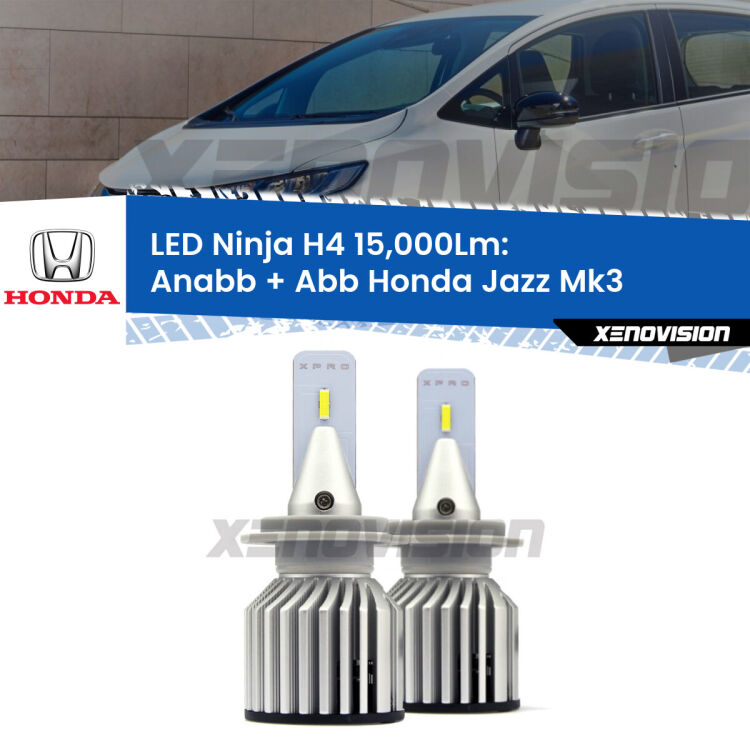<strong>Kit anabbaglianti + abbaglianti LED per Honda Jazz</strong> Mk3 2008 - 2012. Lampade <strong>H4</strong> Canbus da 15.000Lumen di luminosità modello Ninja Xenovision.