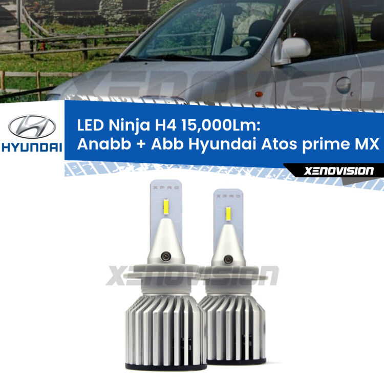 <strong>Kit anabbaglianti + abbaglianti LED per Hyundai Atos prime</strong> MX 1997 - 2008. Lampade <strong>H4</strong> Canbus da 15.000Lumen di luminosità modello Ninja Xenovision.