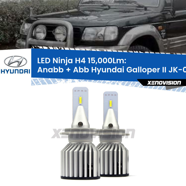 <strong>Kit anabbaglianti + abbaglianti LED per Hyundai Galloper II</strong> JK-01 1998 - 2003. Lampade <strong>H4</strong> Canbus da 15.000Lumen di luminosità modello Ninja Xenovision.