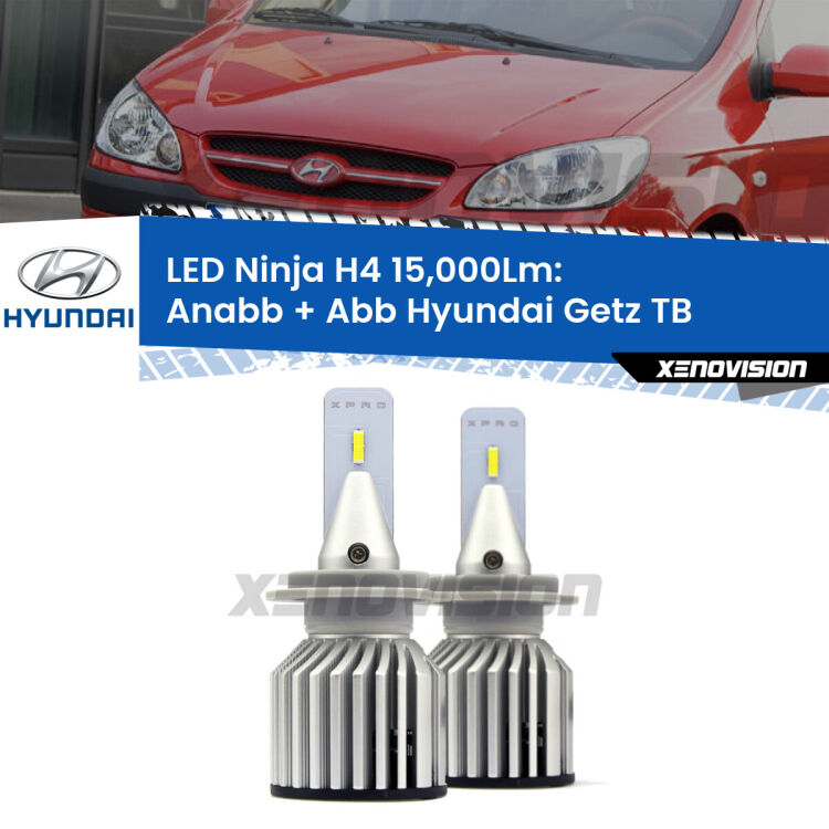 <strong>Kit anabbaglianti + abbaglianti LED per Hyundai Getz</strong> TB 2002 - 2009. Lampade <strong>H4</strong> Canbus da 15.000Lumen di luminosità modello Ninja Xenovision.