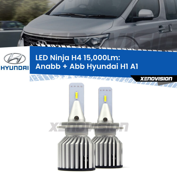 <strong>Kit anabbaglianti + abbaglianti LED per Hyundai H1</strong> A1 1997 - 2000. Lampade <strong>H4</strong> Canbus da 15.000Lumen di luminosità modello Ninja Xenovision.