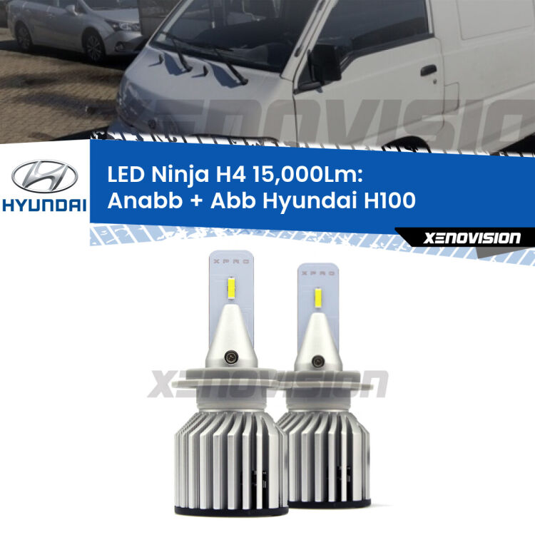 <strong>Kit anabbaglianti + abbaglianti LED per Hyundai H100</strong>  1994 - 2000. Lampade <strong>H4</strong> Canbus da 15.000Lumen di luminosità modello Ninja Xenovision.