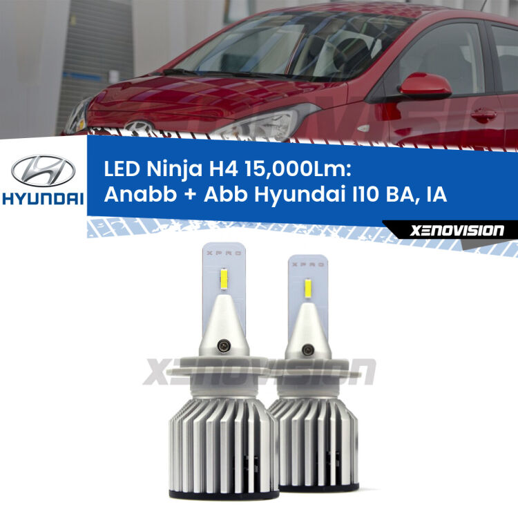 <strong>Kit anabbaglianti + abbaglianti LED per Hyundai I10</strong> BA, IA 2013 - 2016. Lampade <strong>H4</strong> Canbus da 15.000Lumen di luminosità modello Ninja Xenovision.