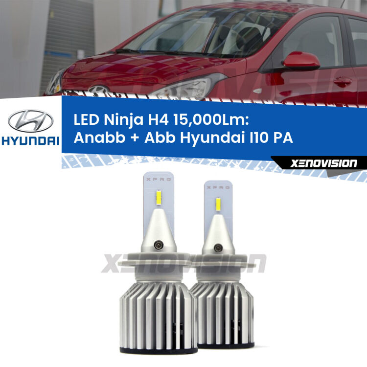 <strong>Kit anabbaglianti + abbaglianti LED per Hyundai I10</strong> PA 2007 - 2017. Lampade <strong>H4</strong> Canbus da 15.000Lumen di luminosità modello Ninja Xenovision.