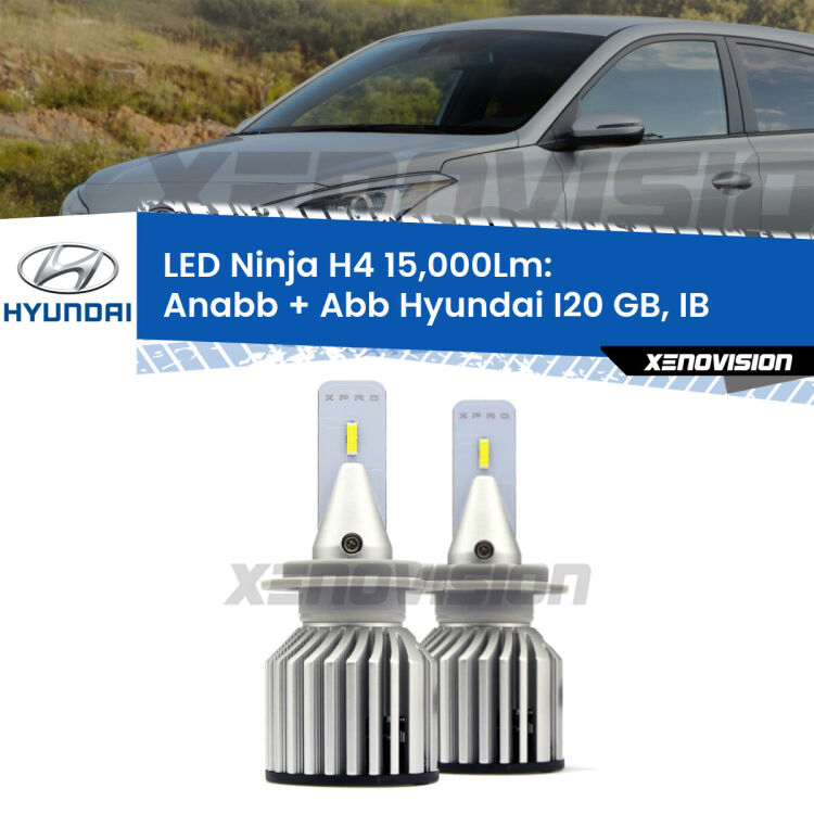<strong>Kit anabbaglianti + abbaglianti LED per Hyundai I20</strong> GB, IB a parabola. Lampade <strong>H4</strong> Canbus da 15.000Lumen di luminosità modello Ninja Xenovision.