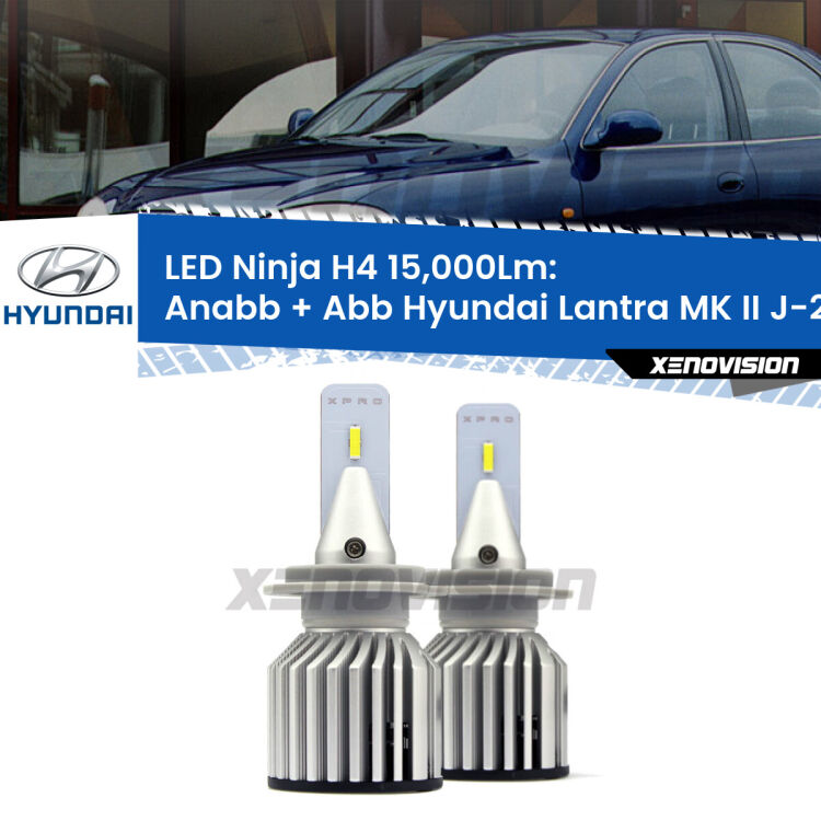 <strong>Kit anabbaglianti + abbaglianti LED per Hyundai Lantra MK II</strong> J-2 1995 - 2000. Lampade <strong>H4</strong> Canbus da 15.000Lumen di luminosità modello Ninja Xenovision.