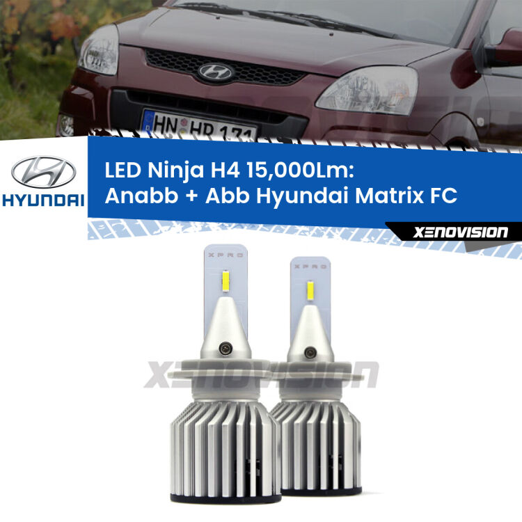 <strong>Kit anabbaglianti + abbaglianti LED per Hyundai Matrix</strong> FC 2001 - 2010. Lampade <strong>H4</strong> Canbus da 15.000Lumen di luminosità modello Ninja Xenovision.