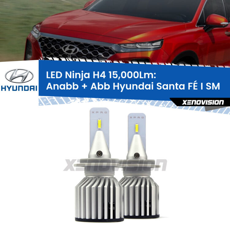 <strong>Kit anabbaglianti + abbaglianti LED per Hyundai Santa FÉ I</strong> SM 2001 - 205. Lampade <strong>H4</strong> Canbus da 15.000Lumen di luminosità modello Ninja Xenovision.