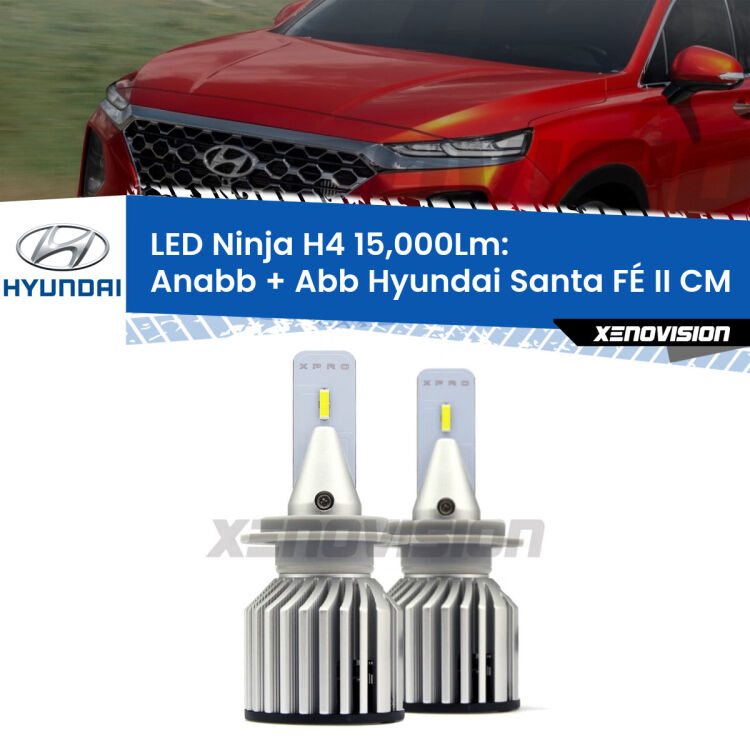 <strong>Kit anabbaglianti + abbaglianti LED per Hyundai Santa FÉ II</strong> CM a parabola. Lampade <strong>H4</strong> Canbus da 15.000Lumen di luminosità modello Ninja Xenovision.