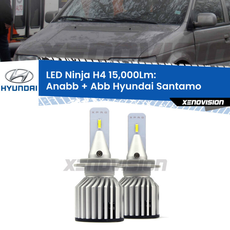 <strong>Kit anabbaglianti + abbaglianti LED per Hyundai Santamo</strong>  1998 - 2002. Lampade <strong>H4</strong> Canbus da 15.000Lumen di luminosità modello Ninja Xenovision.