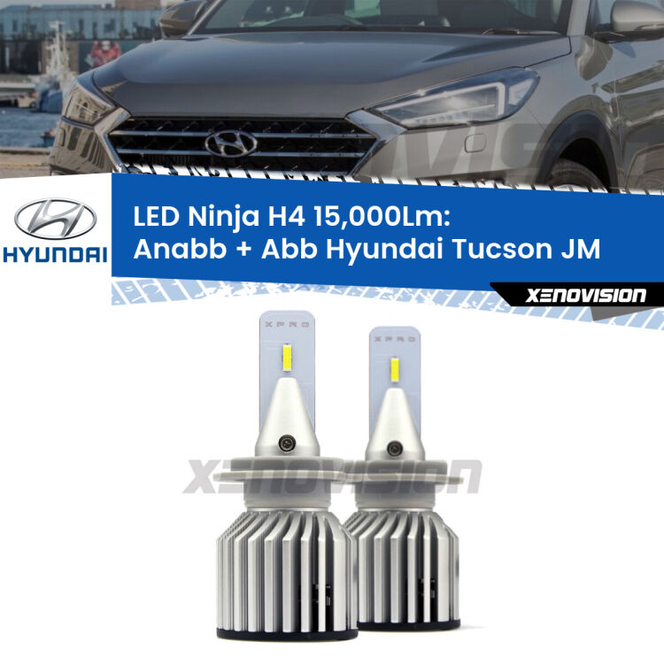 <strong>Kit anabbaglianti + abbaglianti LED per Hyundai Tucson</strong> JM prima serie. Lampade <strong>H4</strong> Canbus da 15.000Lumen di luminosità modello Ninja Xenovision.