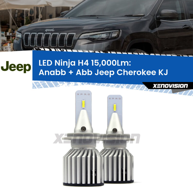 <strong>Kit anabbaglianti + abbaglianti LED per Jeep Cherokee</strong> KJ 2002 - 2007. Lampade <strong>H4</strong> Canbus da 15.000Lumen di luminosità modello Ninja Xenovision.