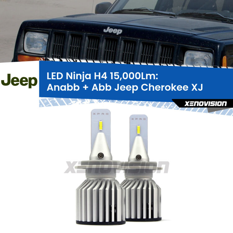 <strong>Kit anabbaglianti + abbaglianti LED per Jeep Cherokee</strong> XJ 1984 - 2001. Lampade <strong>H4</strong> Canbus da 15.000Lumen di luminosità modello Ninja Xenovision.