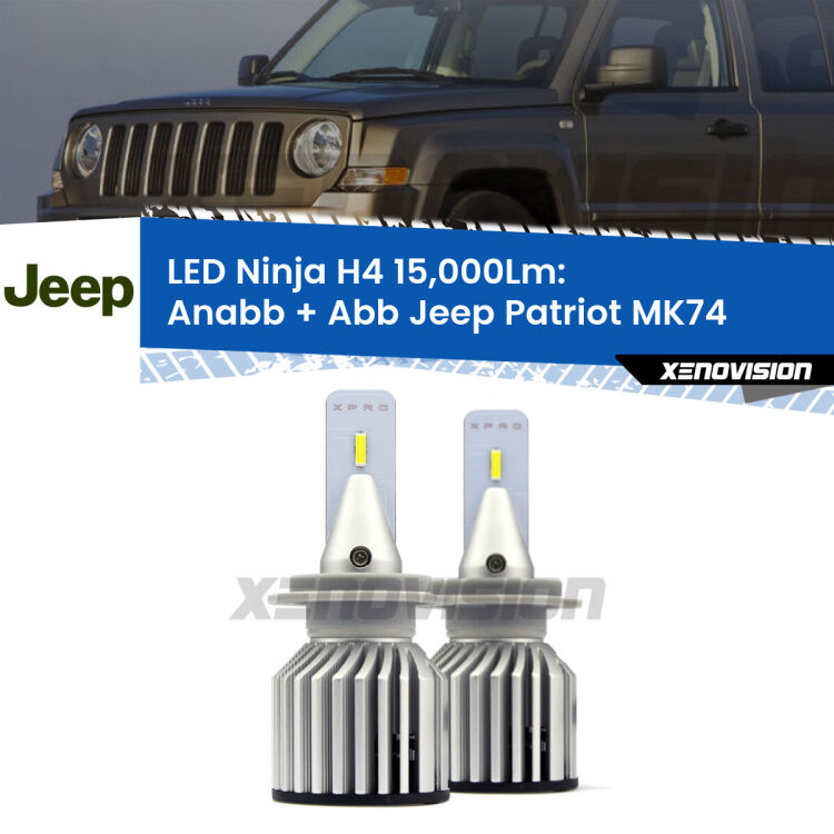 <strong>Kit anabbaglianti + abbaglianti LED per Jeep Patriot</strong> MK74 2007 - 2017. Lampade <strong>H4</strong> Canbus da 15.000Lumen di luminosità modello Ninja Xenovision.