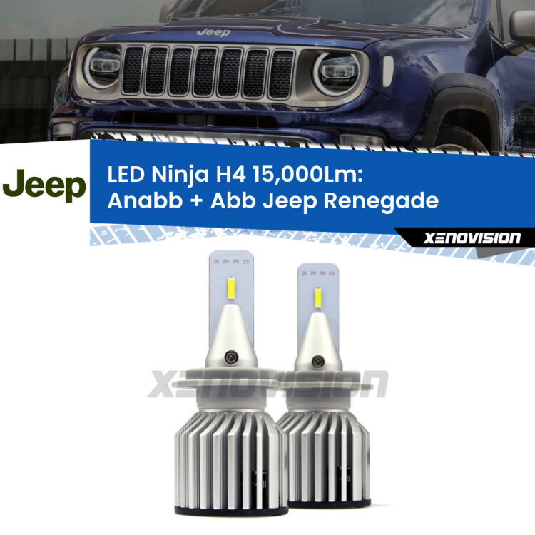 <strong>Kit anabbaglianti + abbaglianti LED per Jeep Renegade</strong>  2014 in poi. Lampade <strong>H4</strong> Canbus da 15.000Lumen di luminosità modello Ninja Xenovision.