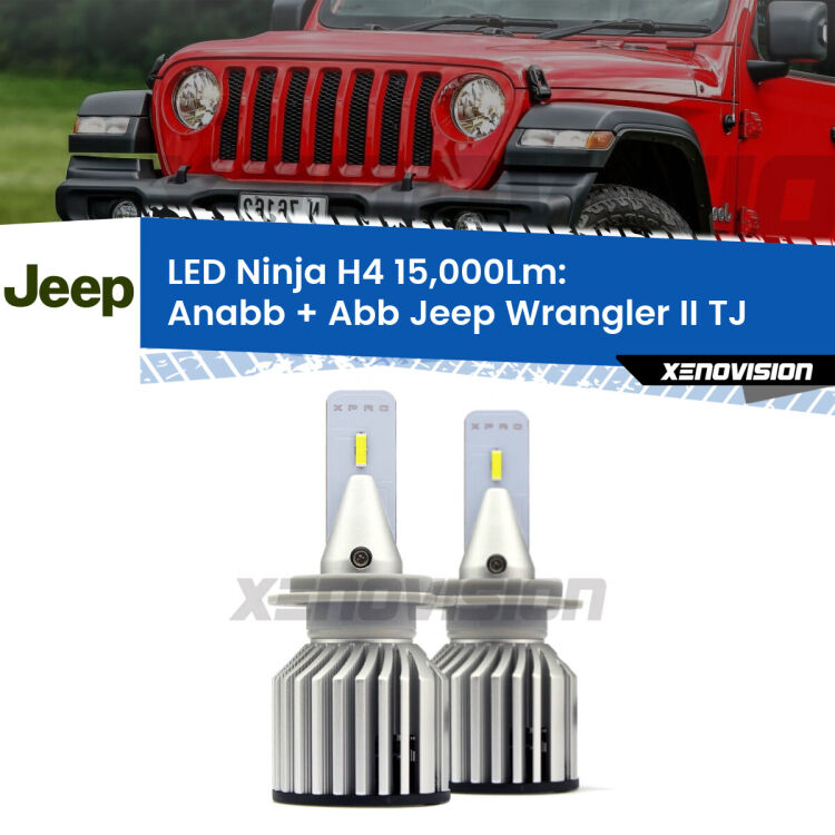 <strong>Kit anabbaglianti + abbaglianti LED per Jeep Wrangler II</strong> TJ 1996 - 2005. Lampade <strong>H4</strong> Canbus da 15.000Lumen di luminosità modello Ninja Xenovision.