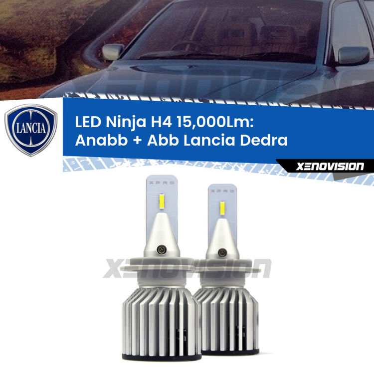 <strong>Kit anabbaglianti + abbaglianti LED per Lancia Dedra</strong>  1989 - 1999. Lampade <strong>H4</strong> Canbus da 15.000Lumen di luminosità modello Ninja Xenovision.
