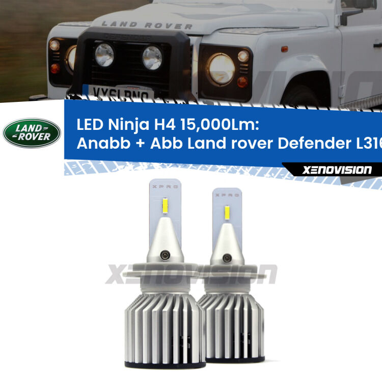 <strong>Kit anabbaglianti + abbaglianti LED per Land rover Defender</strong> L316 1998 - 2016. Lampade <strong>H4</strong> Canbus da 15.000Lumen di luminosità modello Ninja Xenovision.