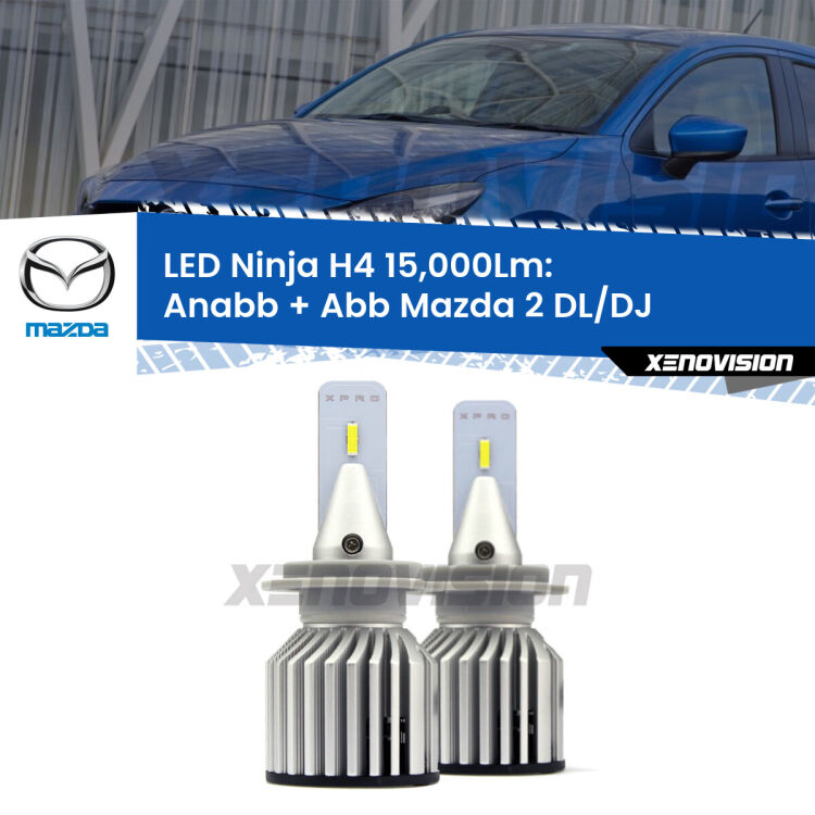 <strong>Kit anabbaglianti + abbaglianti LED per Mazda 2</strong> DL/DJ 2014 - 2018. Lampade <strong>H4</strong> Canbus da 15.000Lumen di luminosità modello Ninja Xenovision.