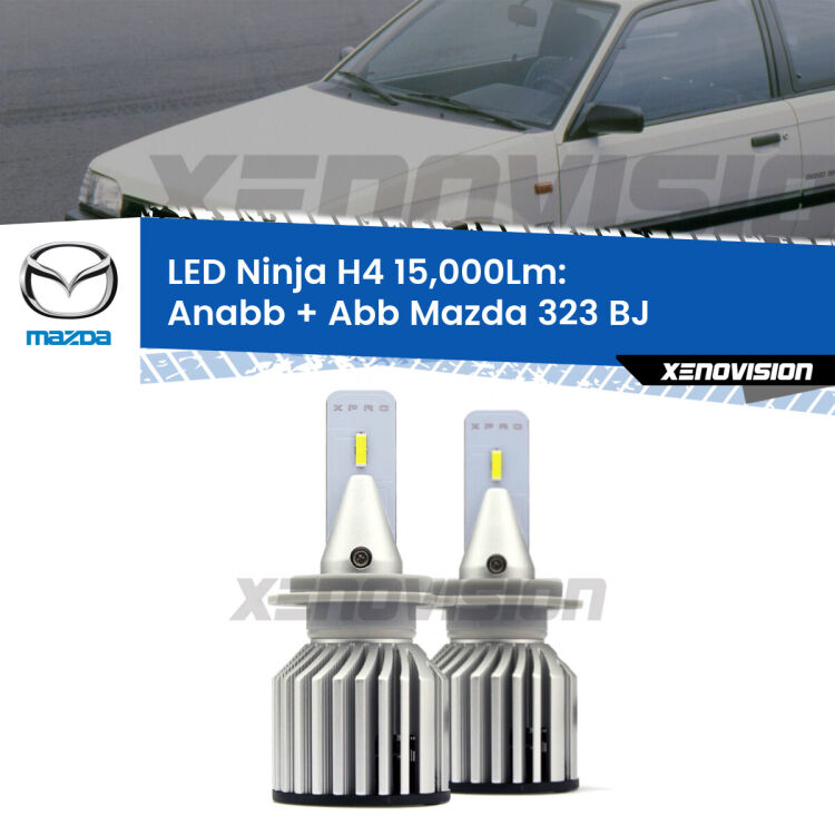 <strong>Kit anabbaglianti + abbaglianti LED per Mazda 323</strong> BJ 1998 - 2004. Lampade <strong>H4</strong> Canbus da 15.000Lumen di luminosità modello Ninja Xenovision.
