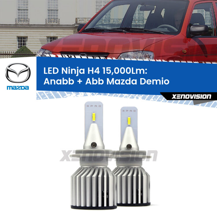 <strong>Kit anabbaglianti + abbaglianti LED per Mazda Demio</strong>  1998 - 2003. Lampade <strong>H4</strong> Canbus da 15.000Lumen di luminosità modello Ninja Xenovision.