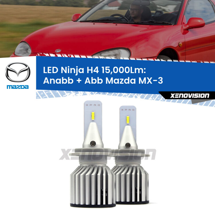<strong>Kit anabbaglianti + abbaglianti LED per Mazda MX-3</strong>  1991 - 1998. Lampade <strong>H4</strong> Canbus da 15.000Lumen di luminosità modello Ninja Xenovision.