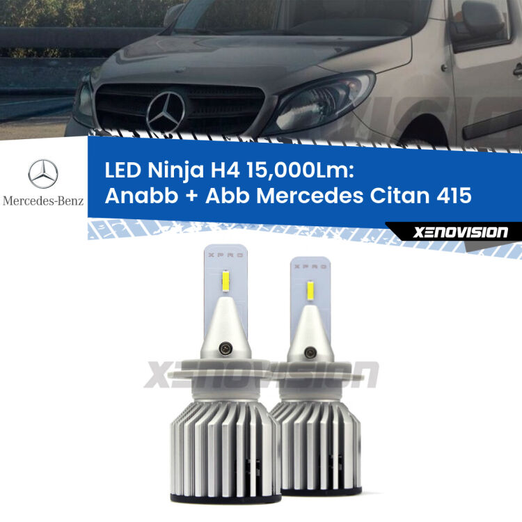 <strong>Kit anabbaglianti + abbaglianti LED per Mercedes Citan</strong> 415 2012 in poi. Lampade <strong>H4</strong> Canbus da 15.000Lumen di luminosità modello Ninja Xenovision.