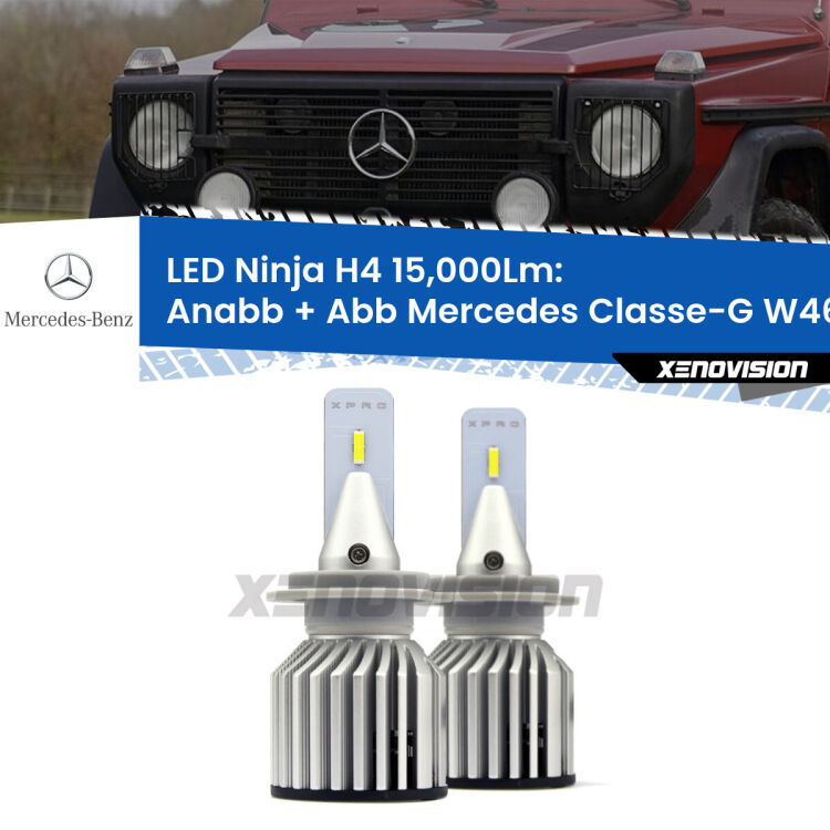 <strong>Kit anabbaglianti + abbaglianti LED per Mercedes Classe-G</strong> W461 1990 - 2000. Lampade <strong>H4</strong> Canbus da 15.000Lumen di luminosità modello Ninja Xenovision.