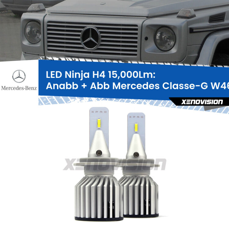 <strong>Kit anabbaglianti + abbaglianti LED per Mercedes Classe-G</strong> W463 1991 - 2004. Lampade <strong>H4</strong> Canbus da 15.000Lumen di luminosità modello Ninja Xenovision.
