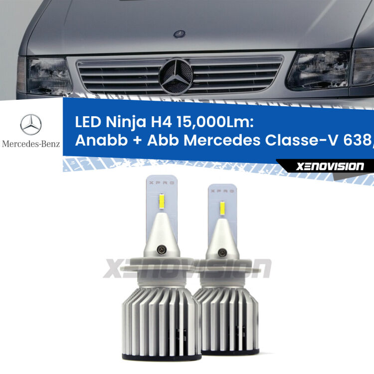 <strong>Kit anabbaglianti + abbaglianti LED per Mercedes Classe-V</strong> 638/2 1996 - 2003. Lampade <strong>H4</strong> Canbus da 15.000Lumen di luminosità modello Ninja Xenovision.