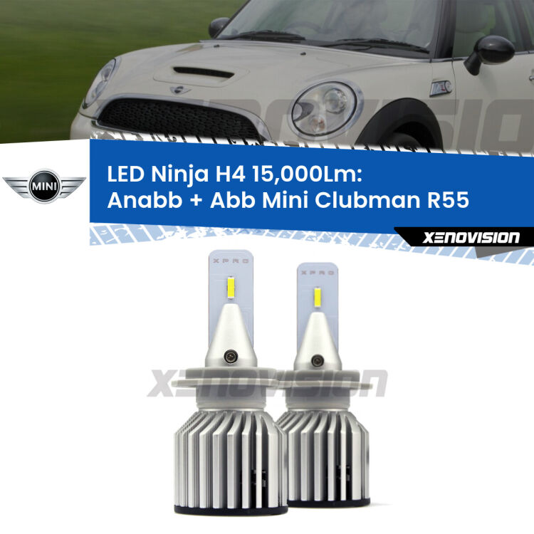 <strong>Kit anabbaglianti + abbaglianti LED per Mini Clubman</strong> R55 2007 - 2015. Lampade <strong>H4</strong> Canbus da 15.000Lumen di luminosità modello Ninja Xenovision.