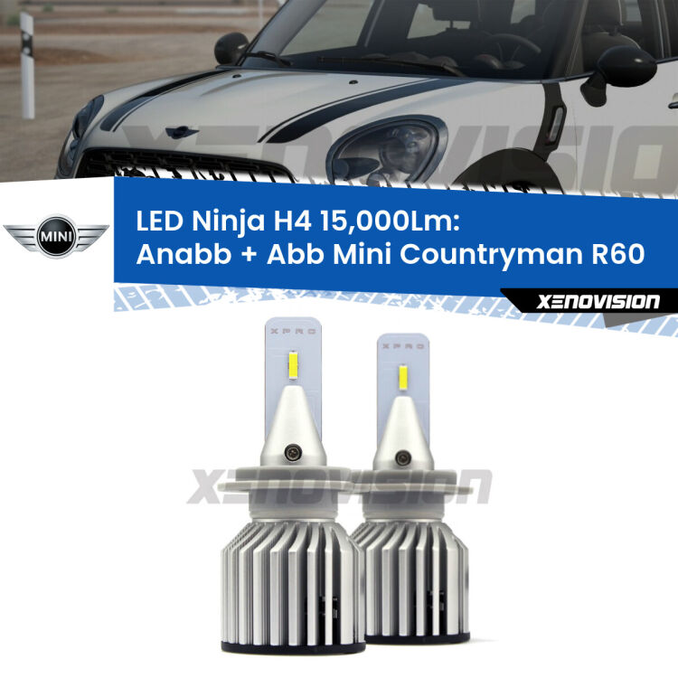 <strong>Kit anabbaglianti + abbaglianti LED per Mini Countryman</strong> R60 2010 - 2016. Lampade <strong>H4</strong> Canbus da 15.000Lumen di luminosità modello Ninja Xenovision.