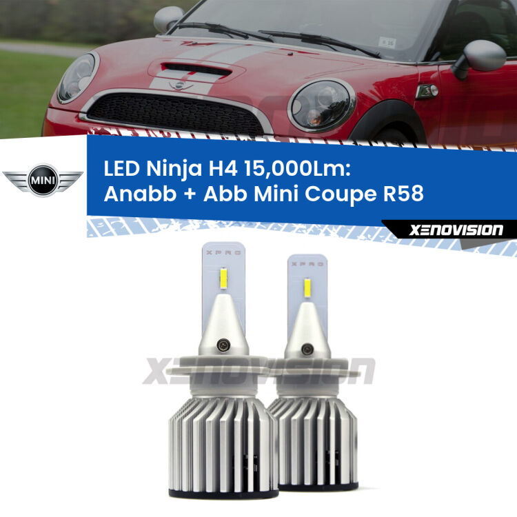 <strong>Kit anabbaglianti + abbaglianti LED per Mini Coupe</strong> R58 2011 - 2015. Lampade <strong>H4</strong> Canbus da 15.000Lumen di luminosità modello Ninja Xenovision.