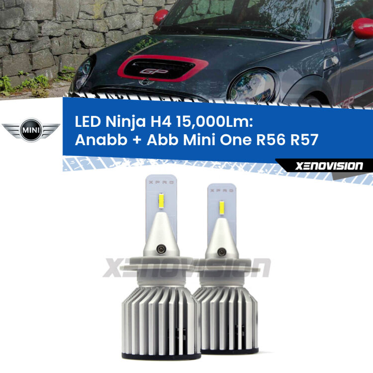 <strong>Kit anabbaglianti + abbaglianti LED per Mini One</strong> R56 R57 2006 - 2013. Lampade <strong>H4</strong> Canbus da 15.000Lumen di luminosità modello Ninja Xenovision.