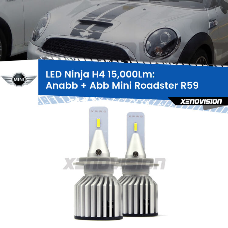 <strong>Kit anabbaglianti + abbaglianti LED per Mini Roadster</strong> R59 2012 - 2015. Lampade <strong>H4</strong> Canbus da 15.000Lumen di luminosità modello Ninja Xenovision.