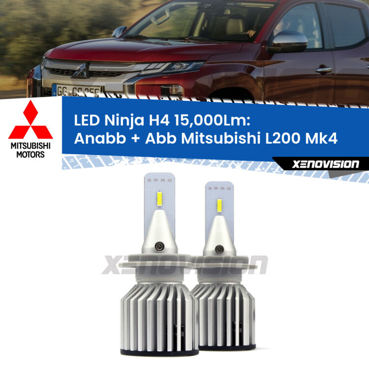 <strong>Kit anabbaglianti + abbaglianti LED per Mitsubishi L200</strong> Mk4 a parabola singola. Lampade <strong>H4</strong> Canbus da 15.000Lumen di luminosità modello Ninja Xenovision.