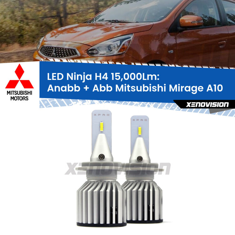 <strong>Kit anabbaglianti + abbaglianti LED per Mitsubishi Mirage</strong> A10 2013 in poi. Lampade <strong>H4</strong> Canbus da 15.000Lumen di luminosità modello Ninja Xenovision.