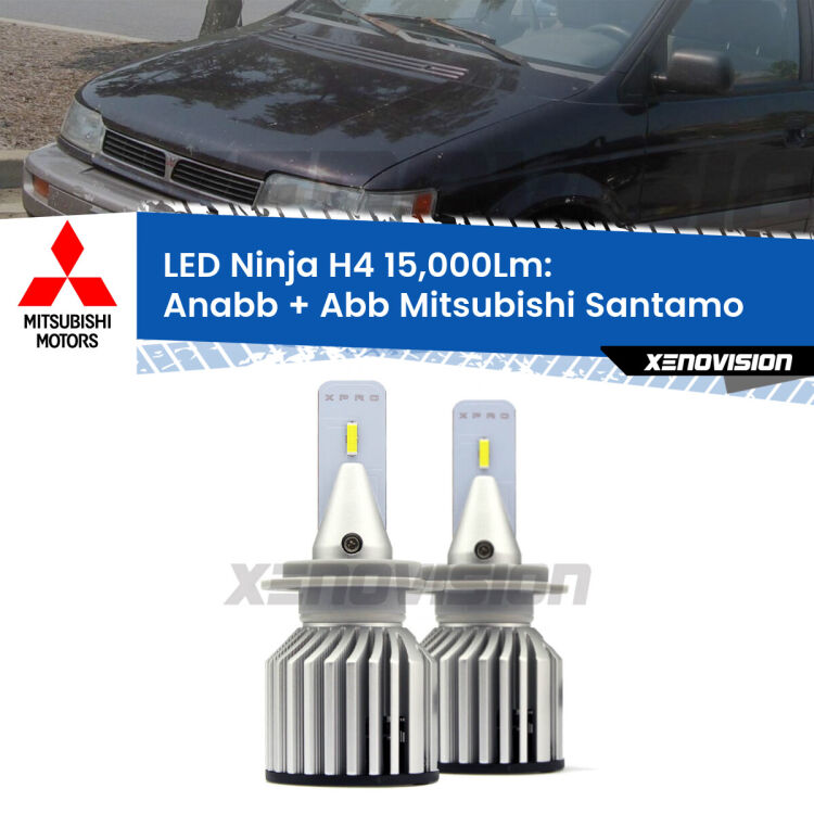 <strong>Kit anabbaglianti + abbaglianti LED per Mitsubishi Santamo</strong>  1999 - 2004. Lampade <strong>H4</strong> Canbus da 15.000Lumen di luminosità modello Ninja Xenovision.