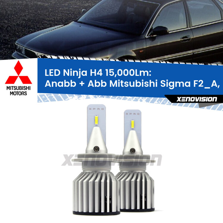 <strong>Kit anabbaglianti + abbaglianti LED per Mitsubishi Sigma</strong> F2_A, F1_A 1990 - 1996. Lampade <strong>H4</strong> Canbus da 15.000Lumen di luminosità modello Ninja Xenovision.