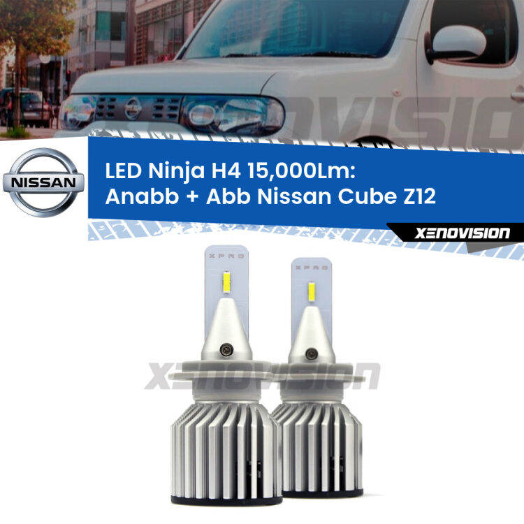 <strong>Kit anabbaglianti + abbaglianti LED per Nissan Cube</strong> Z12 2008 - 2012. Lampade <strong>H4</strong> Canbus da 15.000Lumen di luminosità modello Ninja Xenovision.