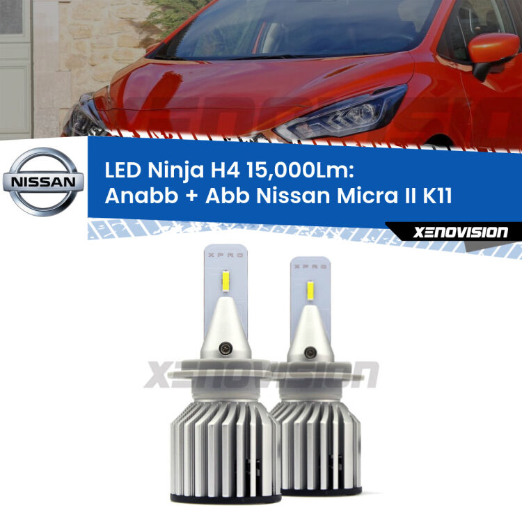 <strong>Kit anabbaglianti + abbaglianti LED per Nissan Micra II</strong> K11 1992 - 2003. Lampade <strong>H4</strong> Canbus da 15.000Lumen di luminosità modello Ninja Xenovision.
