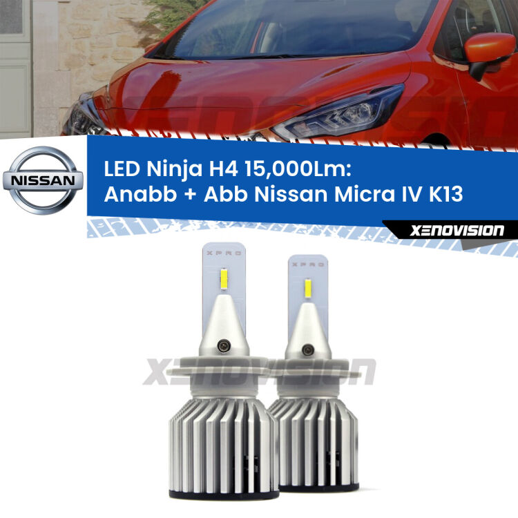 <strong>Kit anabbaglianti + abbaglianti LED per Nissan Micra IV</strong> K13 2010 - 2015. Lampade <strong>H4</strong> Canbus da 15.000Lumen di luminosità modello Ninja Xenovision.