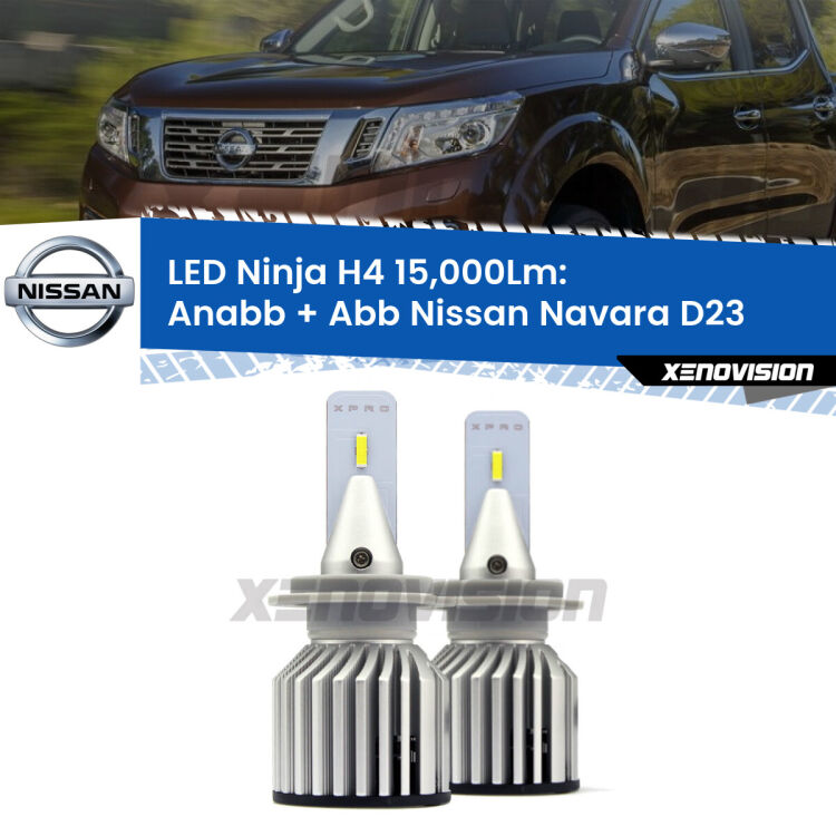 <strong>Kit anabbaglianti + abbaglianti LED per Nissan Navara</strong> D23 2014 in poi. Lampade <strong>H4</strong> Canbus da 15.000Lumen di luminosità modello Ninja Xenovision.