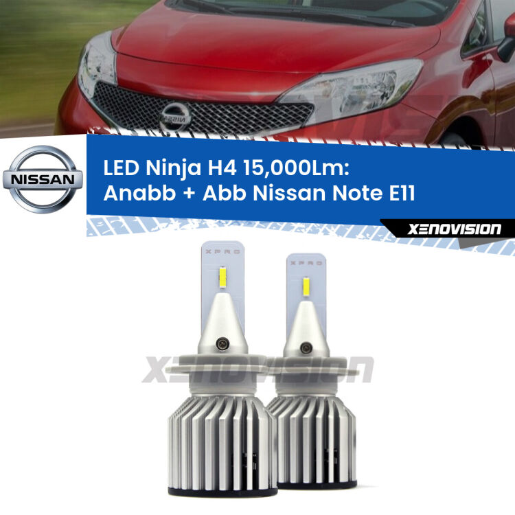 <strong>Kit anabbaglianti + abbaglianti LED per Nissan Note</strong> E11 2006 - 2013. Lampade <strong>H4</strong> Canbus da 15.000Lumen di luminosità modello Ninja Xenovision.