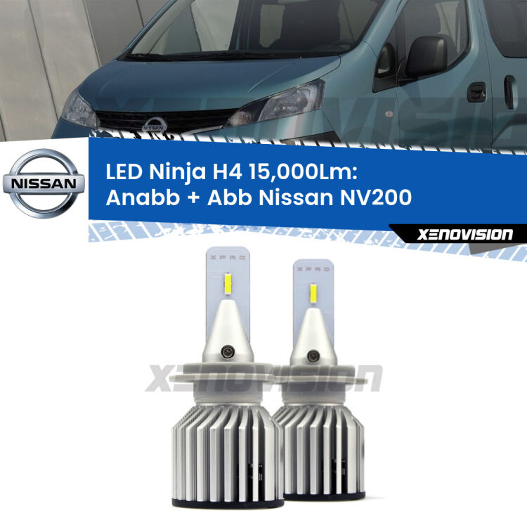 <strong>Kit anabbaglianti + abbaglianti LED per Nissan NV200</strong>  2010 - 2019. Lampade <strong>H4</strong> Canbus da 15.000Lumen di luminosità modello Ninja Xenovision.