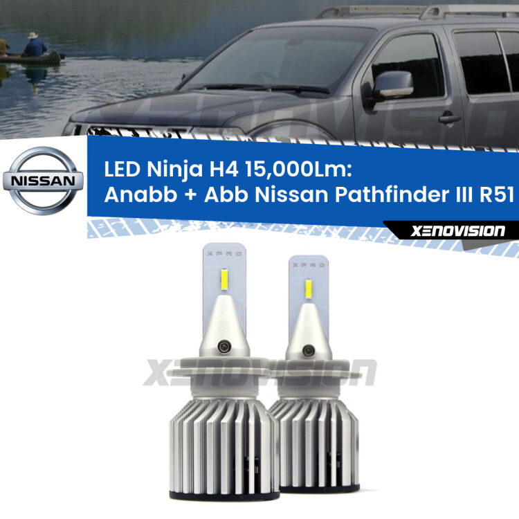 <strong>Kit anabbaglianti + abbaglianti LED per Nissan Pathfinder III</strong> R51 2005 - 2011. Lampade <strong>H4</strong> Canbus da 15.000Lumen di luminosità modello Ninja Xenovision.